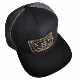 Flat Brimmed Black/Gray Structured Trucker Hat with Custom Patch
