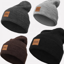 Heather Gray Plain Knitted Beanie Hat with Custom Leather Patch